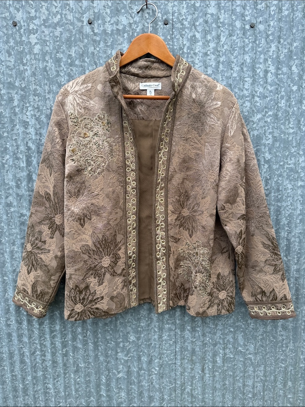 Christopher & Banks Taupe Floral Jacquard Embellished Open-Front Jacket